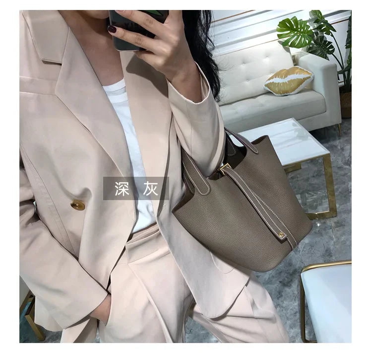 Bucket Bag Elegant Office Lady Luxury Genuine Leather