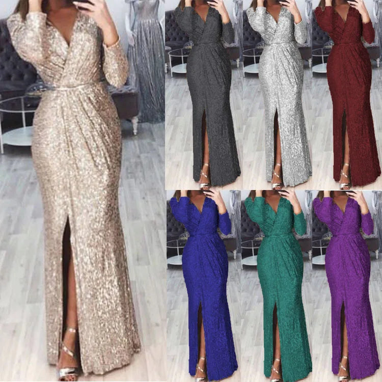 Elegant Women V Neck Long Sleeve Party Long Dress