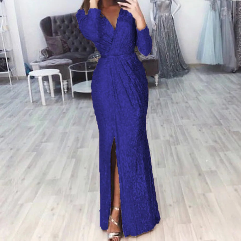 Elegant Women V Neck Long Sleeve Party Long Dress