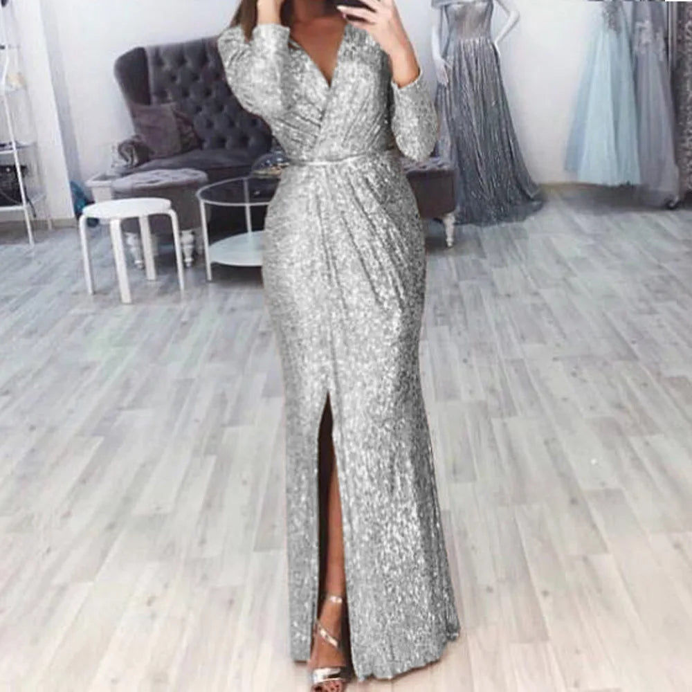 Elegant Women V Neck Long Sleeve Party Long Dress