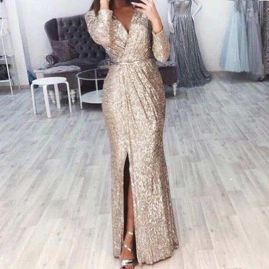 Elegant Women V Neck Long Sleeve Party Long Dress