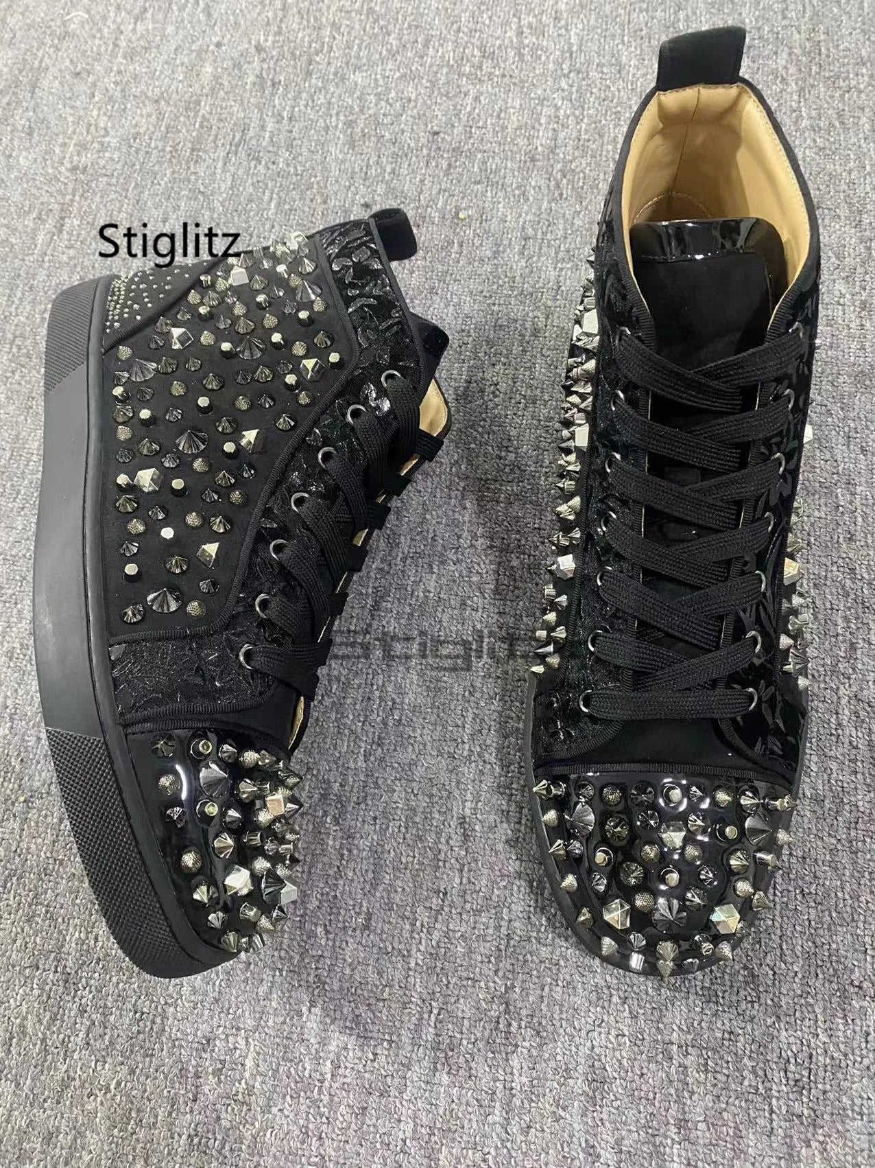 Black Rivets High Top Men's Shoes Genuine Leather Sneakers Glitter Punk Rivets Lace Up