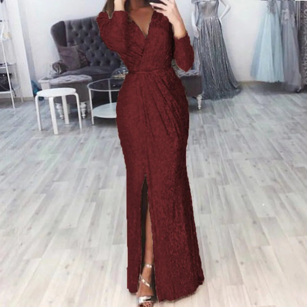 Elegant Women V Neck Long Sleeve Party Long Dress