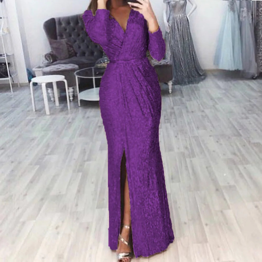 Elegant Women V Neck Long Sleeve Party Long Dress