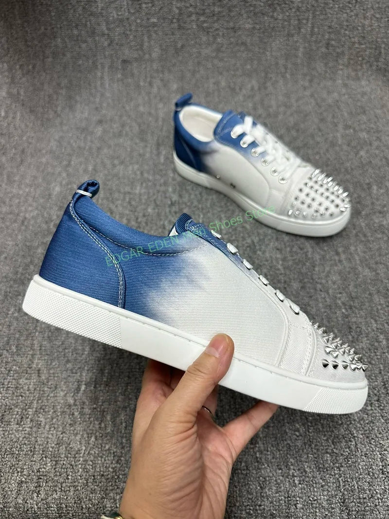 Fashion Gradient Color Woman Men's White Blue Denim Loafers Shoes