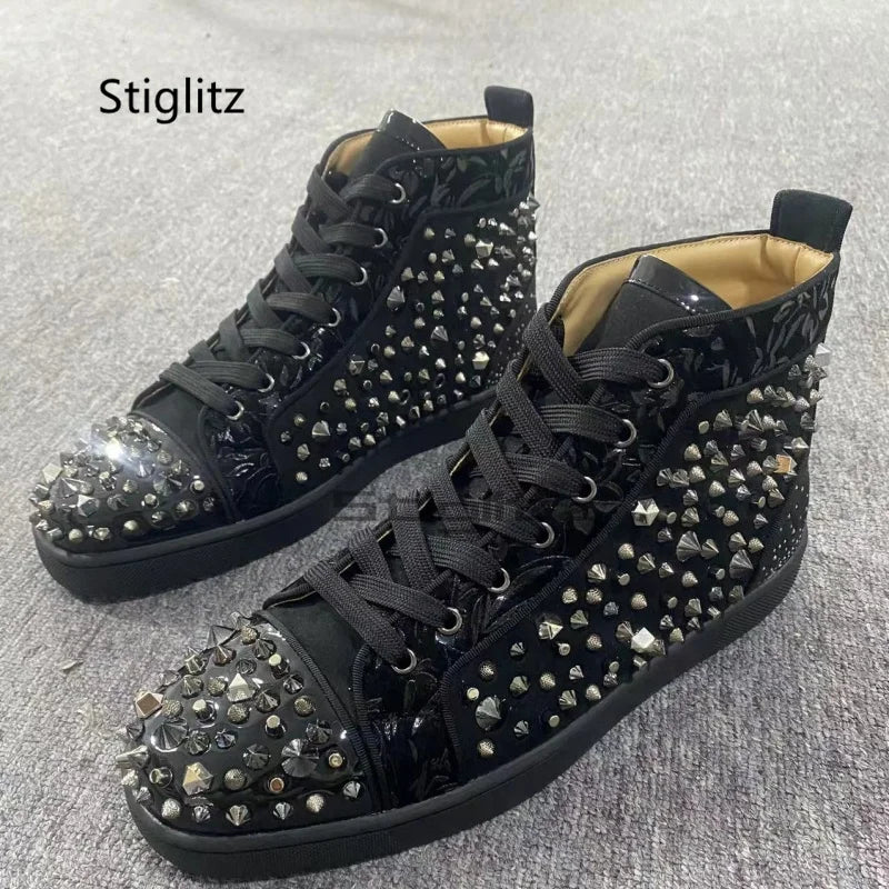 Black Rivets High Top Men's Shoes Genuine Leather Sneakers Glitter Punk Rivets Lace Up