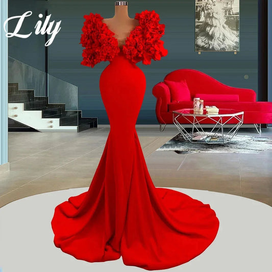 Lily Red Mermaid Chic Woman Evening Dress Stain 3D-Flowers Formal Gown