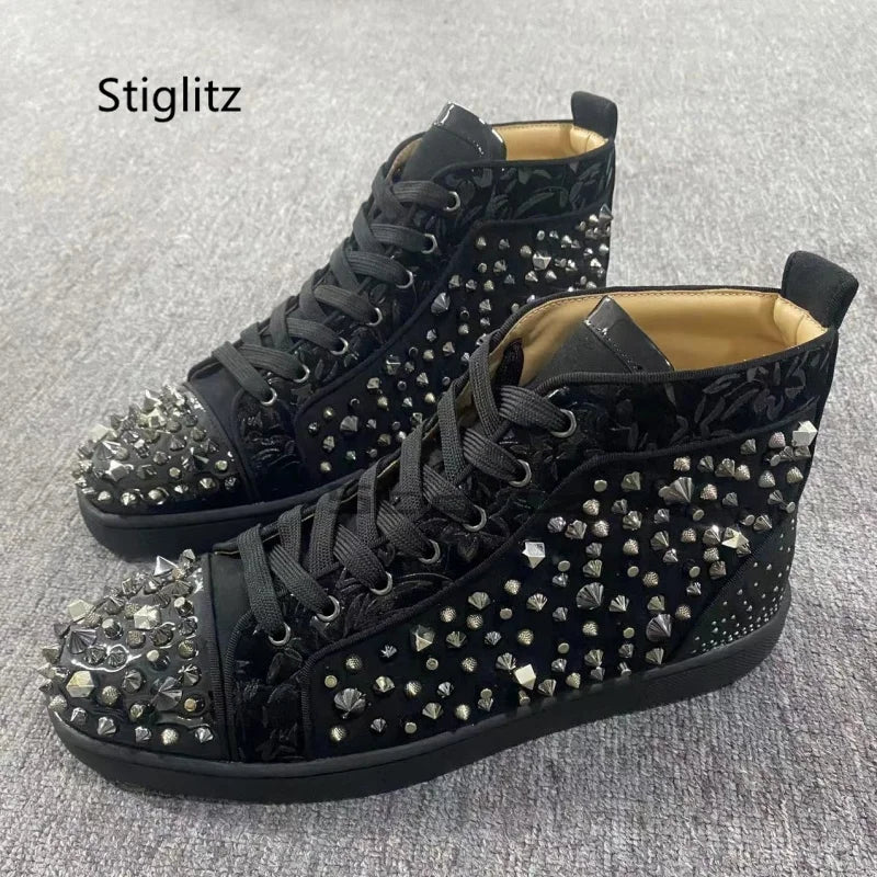 Black Rivets High Top Men's Shoes Genuine Leather Sneakers Glitter Punk Rivets Lace Up