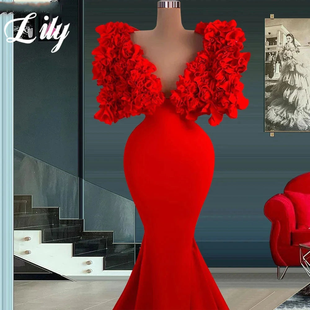 Lily Red Mermaid Chic Woman Evening Dress Stain 3D-Flowers Formal Gown