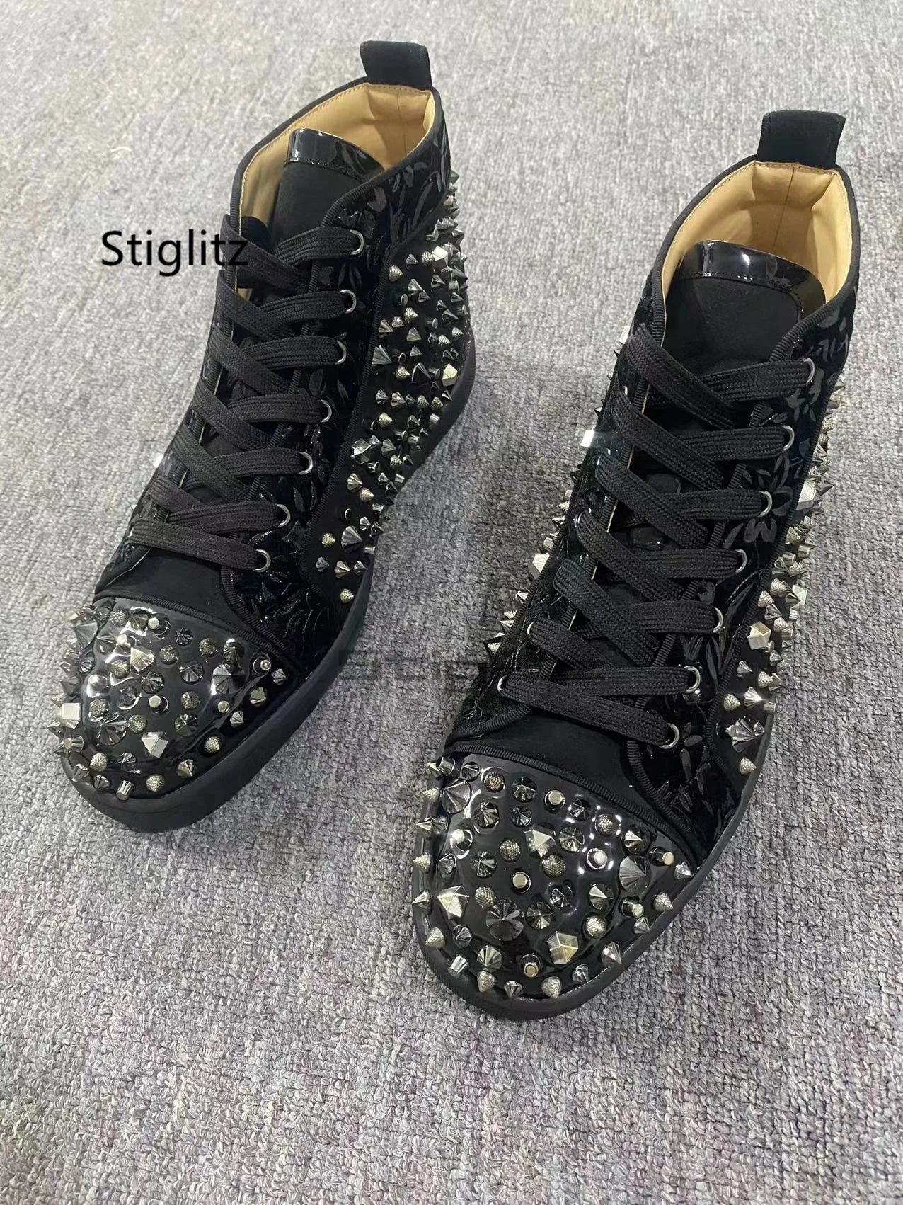 Black Rivets High Top Men's Shoes Genuine Leather Sneakers Glitter Punk Rivets Lace Up