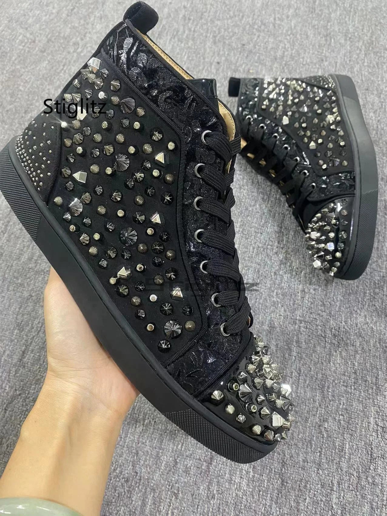 Black Rivets High Top Men's Shoes Genuine Leather Sneakers Glitter Punk Rivets Lace Up